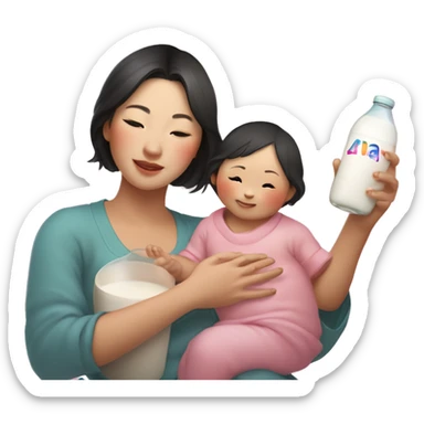 An Asian woman with white skin holds an Asian baby and a small Asian child in her arms, in her other hand a small bottle of milk, above this woman the word "ANA" in a semicircle like a rainbow, but pink sticker