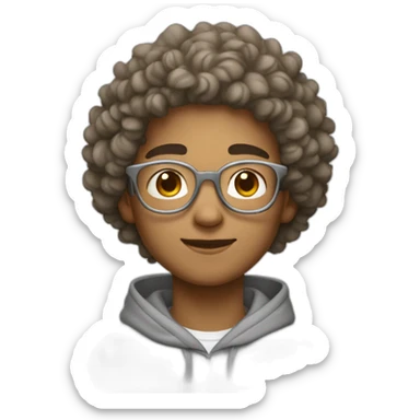 Young guy with curly hair on top with a fade in light brown color and rounded silver glasses with a grey hoodie on sticker
