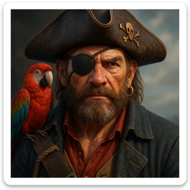 3d art of a pirate with eye patch and parrot in  sticker