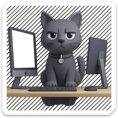 Change the cat to a gray cat, keep the IT theme, sitting at a desk with monitors, professional tech look, no background (transparent). sticker