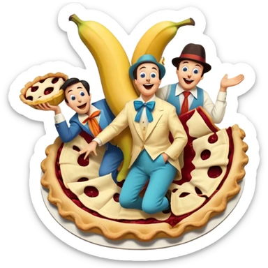 A vintage movie poster-style design featuring slapstick humor elements—funny characters in exaggerated poses, oversized props, and bright colors. Include elements like pies in faces, a falling banana peel, and cheerful expressions. Retro cinematic style. Transparent background. sticker