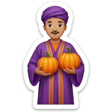 Tan Moroccan man sitting holding with pumpkin and purple grapes in countryside  sticker