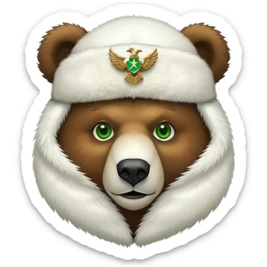 Friendly brown bear face with bright green eyes in a white fur ushanka with centered double-headed eagle emblem, Russian styled sticker