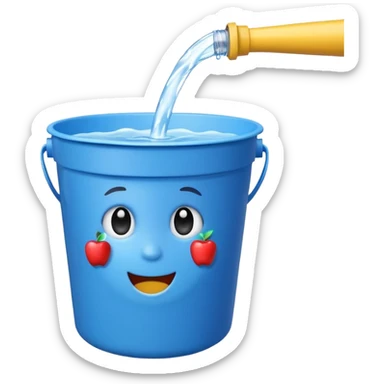 blue bucket of water with a hole in the side, water pouring out, apple emoji style sticker
