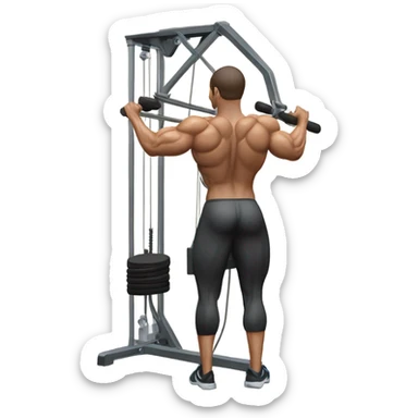 Back-view of a person doing a lat pulldown on a pin-loaded cable machine, gripping a straight bar with bent arms. Muscular upper body engaged. Apple emoji style with simple shapes, clean lines, and soft colors. sticker