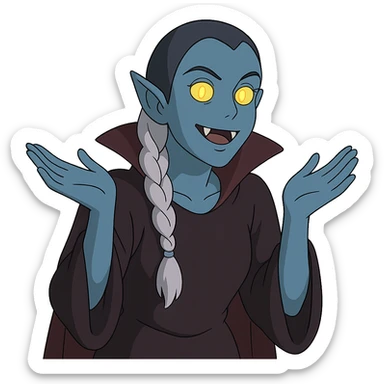 1 female, single long white braid with lavender tips. Vampire with blue skin and glowing gold yellow eyes. Meme pose sticker