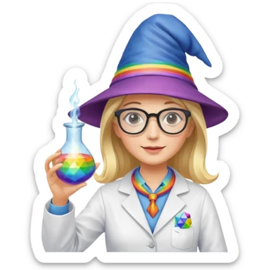 woman scientist with glasses, wearing wizard hat custome, with glass vase, rainbow sticker