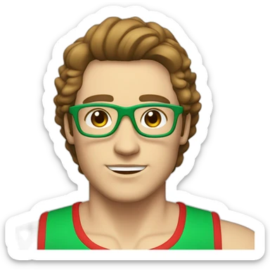 retro 70s red and green gym clothes for a modern white brunette uni male student with glass sticker