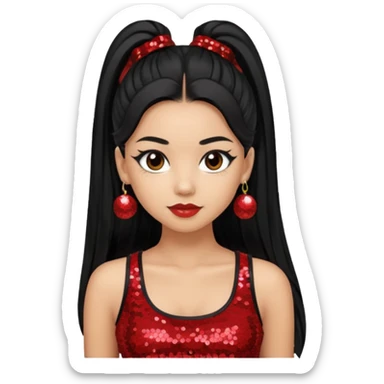 Jade from Bratz with long black ponytail hair, light skin, brown eyes, red sequin crop top sticker