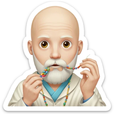 completely bald guy, with a long, white wizard beard tied down in a hair tie, eating a strand of dna sticker