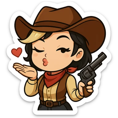 Remove the left gun (on her right, our left) from this chibi cowgirl image. Make her left hand look natural, as if she is just blowing a kiss. Keep the pose, winking and blowing a kiss expression, outfit, right gun, and all other details unchanged. Transparent background, sized for Twitch or Discord use. sticker