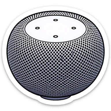 Modern Apple HomePod mini smart speaker, spherical compact design with touch interface on top, minimalist aesthetic sticker