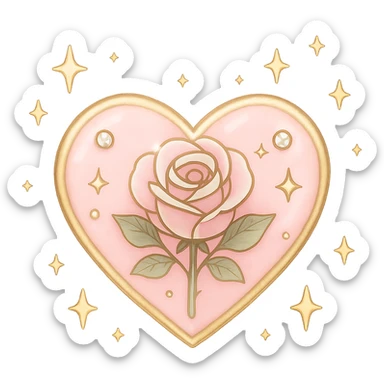 Make the single rose pink heart in pastel pink enamel with sparkling gems, surrounded by tiny stars, with a soft glowing effect. The image should be tiny size and have no background. sticker