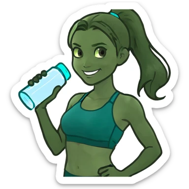 Fit wellness girl – sun-kissed skin, high ponytail, bright hazel eyes, teal sports-bra + leggings, holding water bottle, calm confident smile sticker