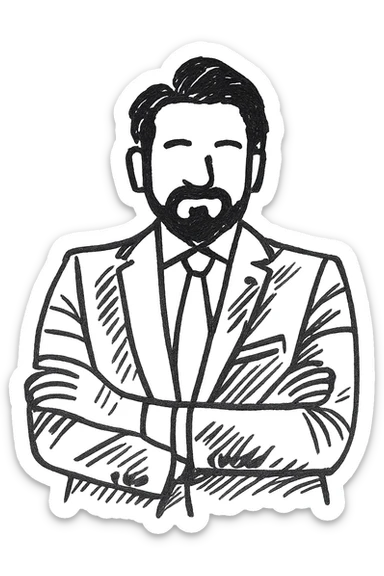 Turn this man in a suit and tie into a hand drawn black outline illustration, sketch style, with minimal details and white background. sticker