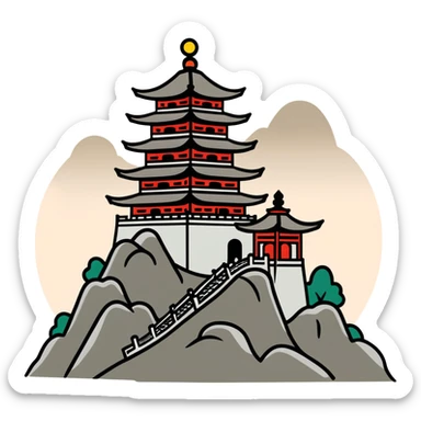 Taoist temple on a misty mountain sticker