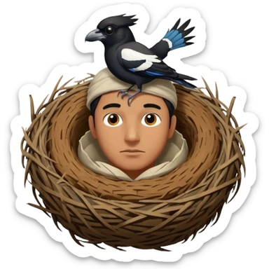 An Australian Magpie, birds nest that is located at the top of a man's head. sticker