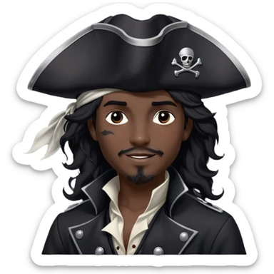 A charismatic pirate with wavy black hair tousled by the breeze. His silver-embroidered tricorn hat casts a shadow. Dark eyes glint with mischief as he looks to the side, a knowing smile on his lips. His black coat, adorned with silver buttons, shifts with the wind sticker