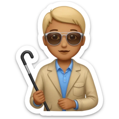 A blind person wearing sunglasses and holding a guide cane sticker