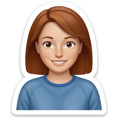 A 38 year old white woman with brown hair and freckles wearing a sweatshirt and jeans smiling sticker