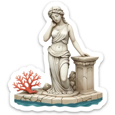 sunken white female greek statue, broken, include water and coral in the sea sticker