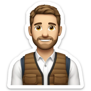 a white 30 year old man with brown hair and stubble in a gilet - now add a tick emoji in the bottom corner sticker