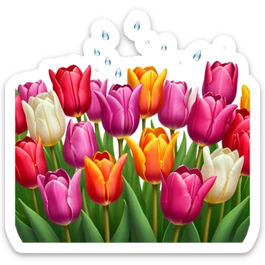 Tulips – Cinematic Realistic Tulips, depicted as a vibrant field of blooming tulips in brilliant hues, each delicate petal catching dewdrops under soft, natural spring light, rendered with detailed textures and a dreamy, picturesque glow. sticker