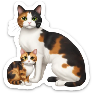 caliby-and-white cat with white paws and green eyes, next to a skinny dark tortoiseshell cat with orange eyes and a cream colored marking above its mouth sticker