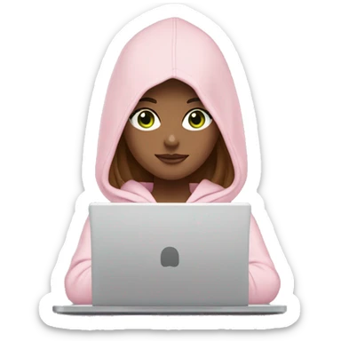 a girl with brown long hair, light beige skin, green eyes, is working relaxed at a modern laptop in a monochrome pale pink zip hoodie with a hood and a pink monochrome T-shirt sticker