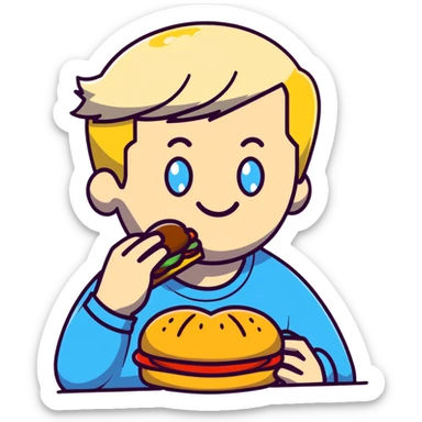 Blonde man with white skin and blue eyes eating a McDonald's hamburger, LGBT pride symbol sticker