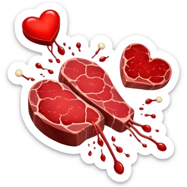Ethereal red steaks, liver, and dark meat cuts floating alongside a glowing bone marrow. They transform into bright red blood cells that flow toward a heart at the center. The heart pulses with energy that radiates throughout a silhouette of a body, illustrating how heme iron creates vitality. sticker