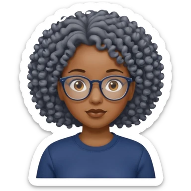 Black girl with curls and glasses, navy blue shirt, grey sweats sticker