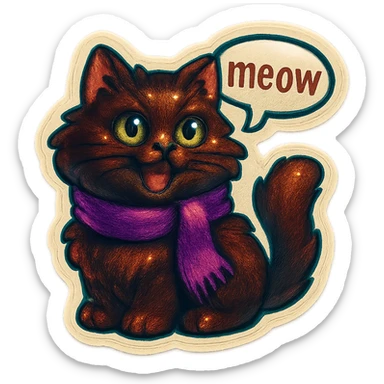 Fluffy meowing cute dark-brown cat with green eyes and a purple scarf saying ‘meow’ (with a speech bubble) sticker