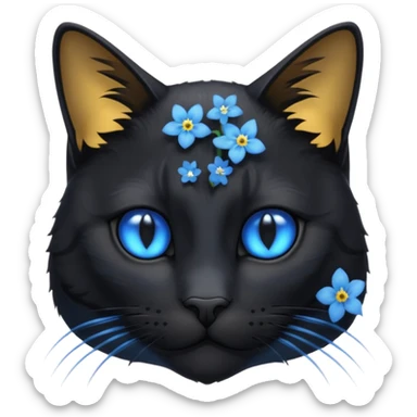 Un chat noir qui jou avec myosotis bleu sticker