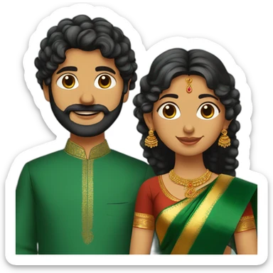 south indian girl with curly hair wearing dark green saree marrying south indian guy with straight hair and beard wearing dhoti sticker