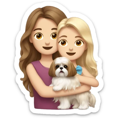 a girl with long wavy brown hair hugging a Shih Tzu with blonde fur and a cute bow sticker