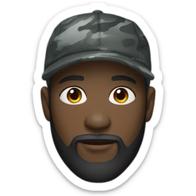 black man with a beard, gray camo hat, black hoodie sticker
