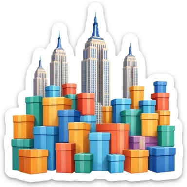 Empire State Building with boxes stacked in creative patterns, some boxes flying, lively sticker