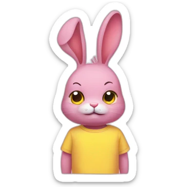 rabbit pink frowning, wears teeshirt yellow sticker