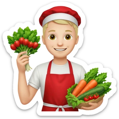 guy white t-shirt red apron smiling with vegetables sticker