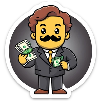 Finance broker with enormous curly mustache, business suit, dollar sign eyes, holding money sticker