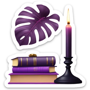 An elegant still life featuring a stack of light and dark violet books, a pink monstera plant, and a brass candle holder. sticker