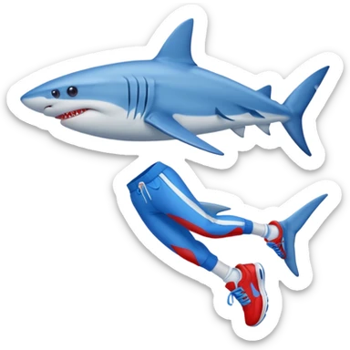 A blue shark with blue human legs and red sneakers sticker