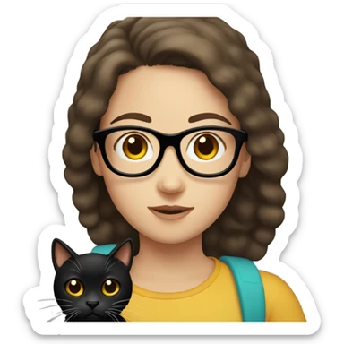 girl with brown hair and glasses holding a black cat sticker