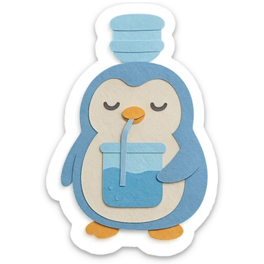 cute penguin-shaped water purifier, sipping water, content expression, pastel blue, full-body sticker