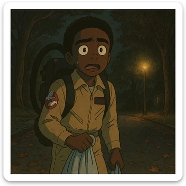Lucas from Stranger Things dressed as a Ghostbuster for Halloween, in Ghibli style with delicate strokes, thick dark outlines, pastel color tones, and a slightly aged texture. Variation 2: scared expression, dark street with fallen leaves. sticker
