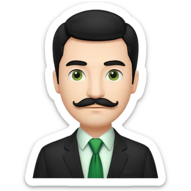 ["Fair-skinned man with black hair and a moustache, wearing a dark suit and green tie."] sticker