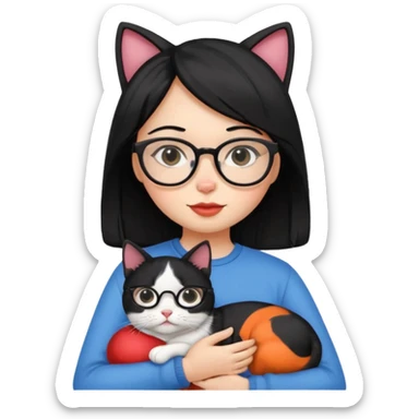 A girl with black hair and glasses is holding a tricolor cat. sticker