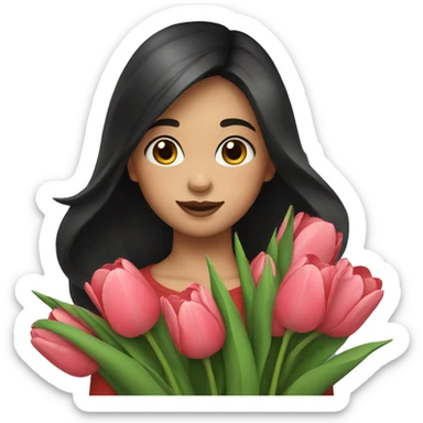 Girl with dark hair take a tulips sticker