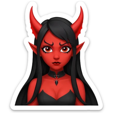 demon girl, skin red , black long hair, small horns, pointed ears, bat wing, black open-back dress, bold black outlines, red+black palette sticker
